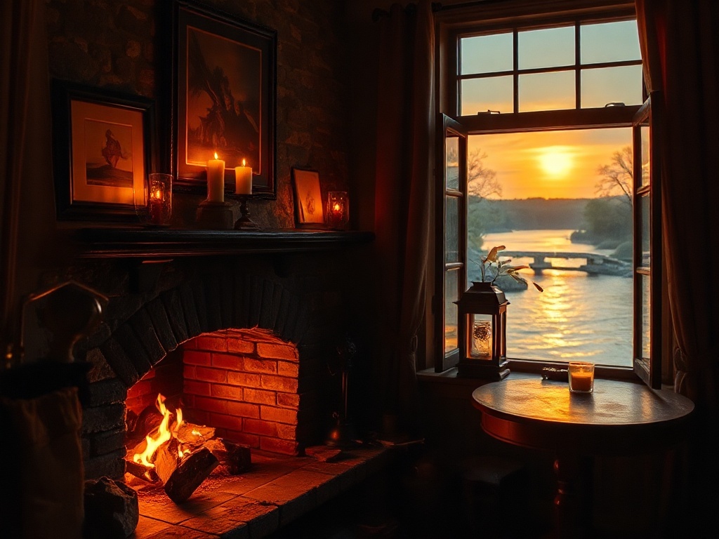 A firelight glow over the innkeeper's desk, evening light through a window that looks onto the river.